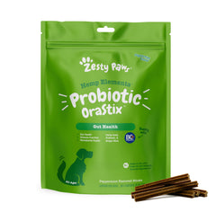 Zesty Paws OraStix dog probiotic sticks for balanced gut function and immune support.