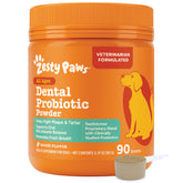 Zesty Paws probiotic dental powder in a jar with scoop, supports convenient oral care.