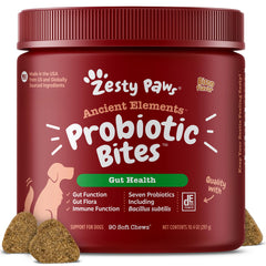 Zesty Paws Probiotics bottle and chews promoting digestive balance.