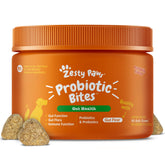Zesty Paws Probiotics for Dogs bottle shows easy-to-serve chews for balanced digestion.