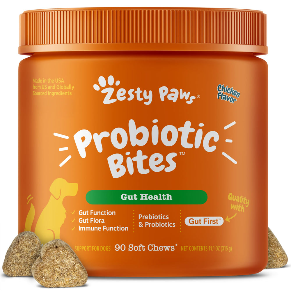 Zesty Paws Probiotics for Dogs with DE111 soft chew bottle showing gut support.