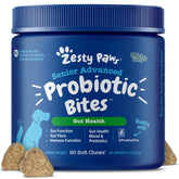 Zesty Paws Probiotics for Dogs soft chew bottle showing convenient packaging and gut support.