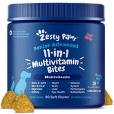 Zesty Paws Senior Dog Multivitamin bottle shows beef-flavored chews for daily support