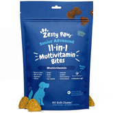 Zesty Paws senior multivitamin bottle pour aiding easy dosing.