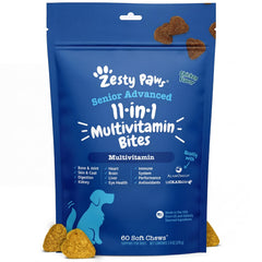 Zesty Paws senior multivitamin bottle pour aiding easy dosing.