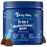Zesty Paws Senior Dog Multivitamin bottle with chews supports joint health and immune function