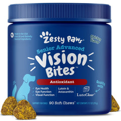 Zesty Paws Senior Vision Bites chews promote canine eye health and daily wellbeing.