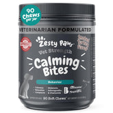 Zesty Paws Vet Strength calming chews in a jar promote gentle dog relaxation.