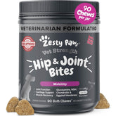 Zesty Paws Vet Strength Mobility Bites packaging highlighting beef-bacon flavor for daily joint support.