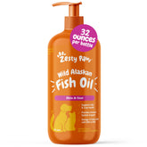 Zesty Paws Wild Alaskan Fish Oil bottle pour showing easy dosing for pets