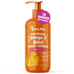 Zesty Paws Wild Alaskan Omega-3 Blend bottle showing Pollock and Salmon oil for pets' shiny coats.
