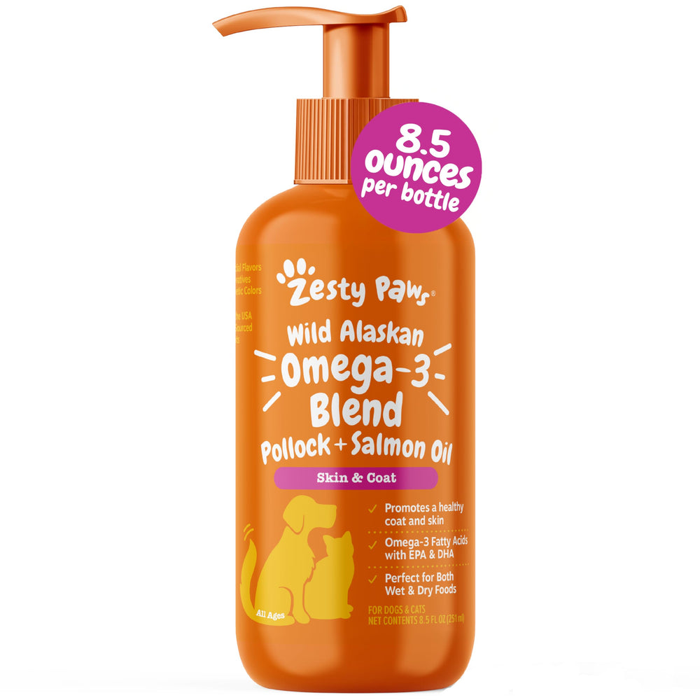 Zesty Paws Wild Alaskan Omega-3 bottle pour boosts dogs' coat shine.