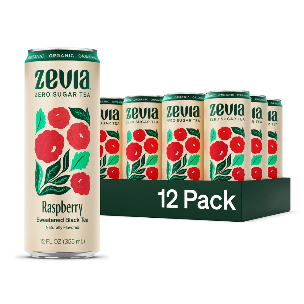 Zevia Black Tea Raspberry can front view, zero sugar option for a refreshing anytime beverage