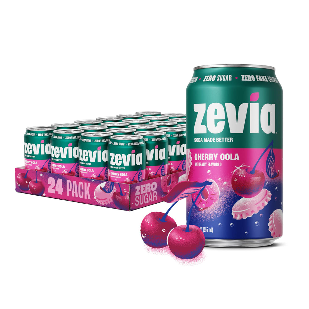Zevia Cherry Cola can front showing zero sugar and zero calories for a refreshing choice.