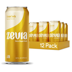 Zevia Cream Soda can being poured, showcasing zero sugar and rich vanilla aroma.