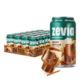 Zevia Creamy Root Beer can close-up showing zero sugar and rich flavor.