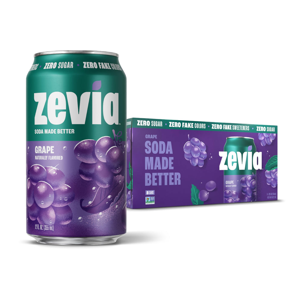 Zevia Grape Soda can front view highlighting zero sugar and naturally sweetened flavor.