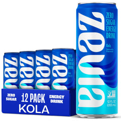 Zevia Kola Energy can front view shows natural sweetness and caffeine.