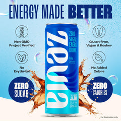 Zevia Kola Energy 12-pack packaging ready for on-the-go use.