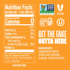 Zevia Orange Soda can back highlights Non-GMO, Vegan, and gluten-free attributes.