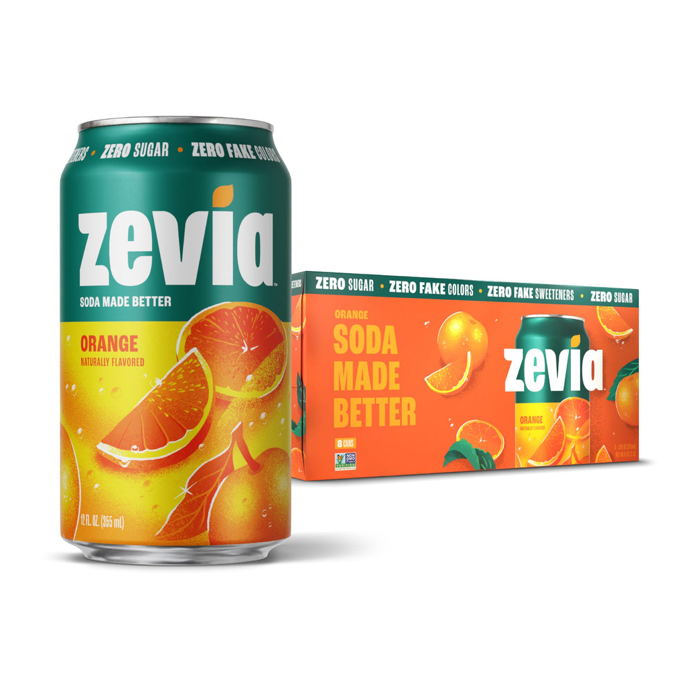 Zevia Orange Soda can front shows zero sugar and natural sweetness.
