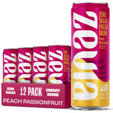 Zevia Peach Passionfruit can front view showing zero sugar and refreshing flavor.