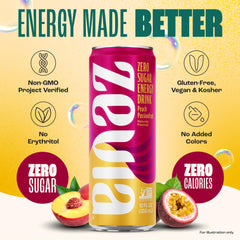 Zevia Peach Passionfruit ingredients panel showcasing vegan and gluten-free attributes.