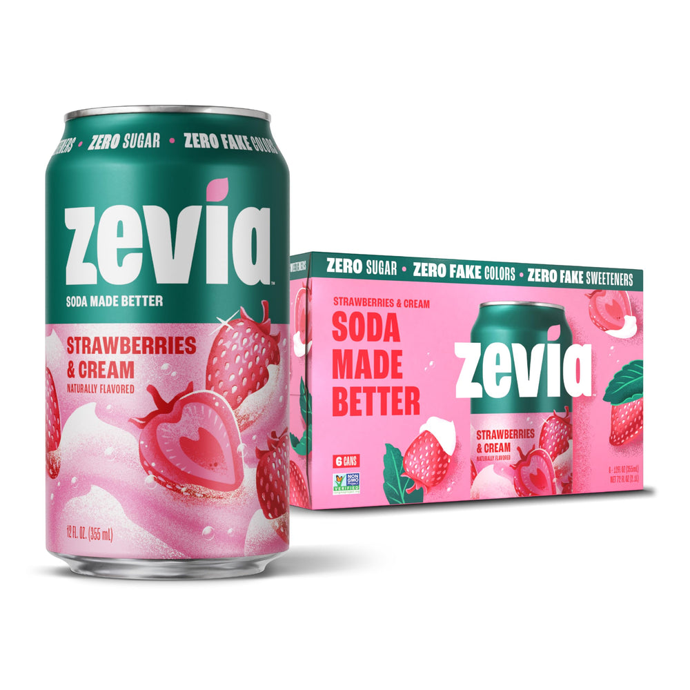 Zevia Strawberries and Cream can front, zero sugar option for family-friendly refreshment.