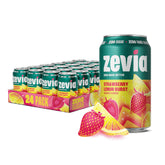 Zevia Strawberry Lemon Burst can on a coaster, highlighting zero sugar.