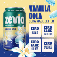 Zevia Vanilla Cola label close-up highlighting Non-GMO and vegan icons.