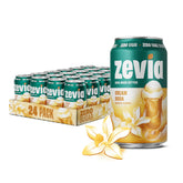 Zevia zero sugar cream soda packaging on a 24-pack display, naturally sweetened.