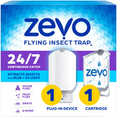 ZEVO plug-in device with blue light attracts gnats and flies for continuous indoor control.