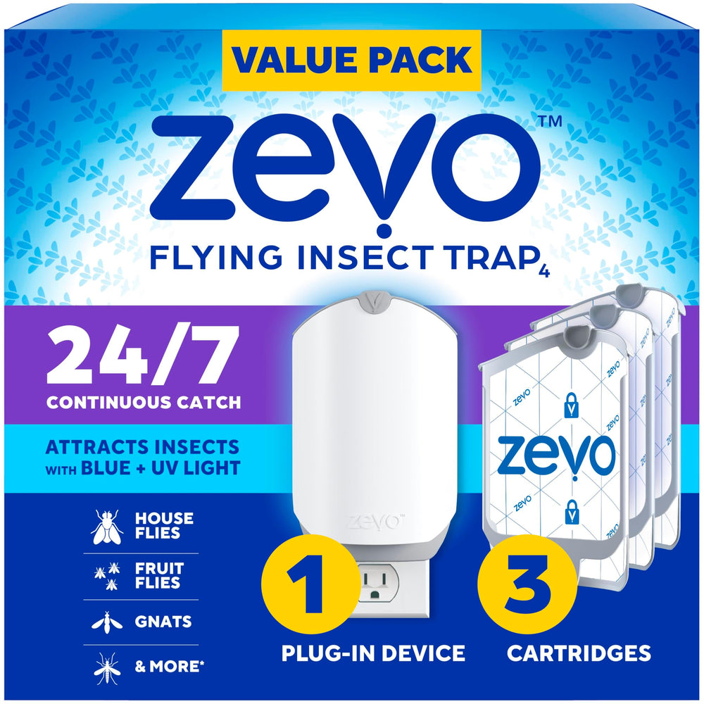ZEVO plug-in device with a soft blue glow attracting flying insects for indoor use.
