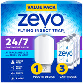 ZEVO plug-in device with a soft blue glow attracting flying insects for indoor use.