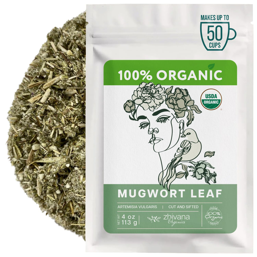 Zhivana Organics Mugwort Tea leaves close-up for a calming, digestive-friendly moment.