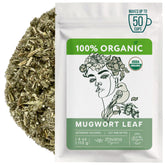 Zhivana Organics Mugwort Tea leaves close-up for a calming, digestive-friendly moment.