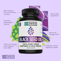 ZHOU Black Seed Oil Capsules packaging box showcasing premium wellness supplement.