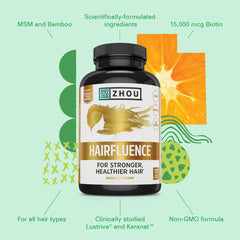 Zhou Hairfluence bottle and glass suggest a simple daily supplement routine.