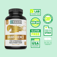 Zhou Hairfluence capsules close-up highlighting vegan formula for hair care.
