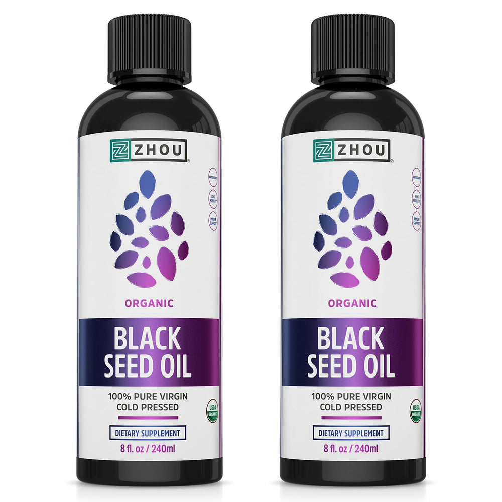 ZHOU Organic Black Seed Oil bottle with pour spout for easy daily use.