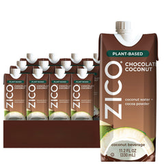 ZICO chocolate coconut water bottle highlights dairy-free indulgence with real cocoa