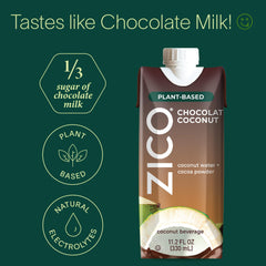 ZICO chocolate coconut water glass showcases a plant-based, chocolate-flavored refreshment