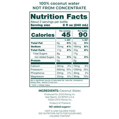ZICO no added sugar label shows pure coconut water, a lighter option.