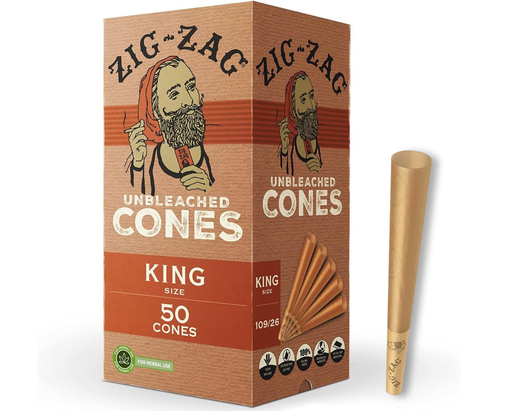 ZIG-ZAG King Size Unbleached Cones, 50-pack for easy bulk stock.