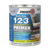 Zinsser Bulls Eye 1-2-3 gray primer can ready for interior or exterior surfaces, improves hide.