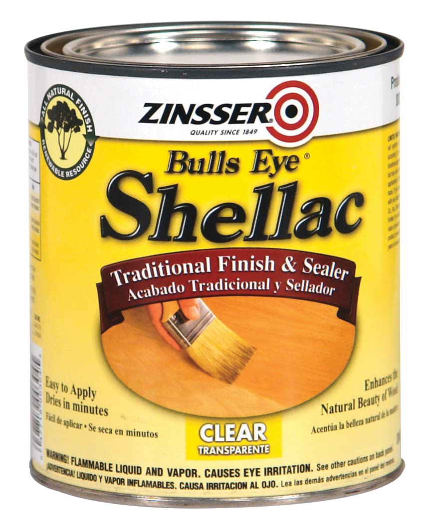 Zinsser Bulls Eye Clear Shellac 1 Qt bottle pouring, fast-drying odor-blocking wood finish.