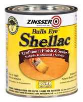 Zinsser Bulls Eye Clear Shellac 1 Qt bottle pouring, fast-drying odor-blocking wood finish.