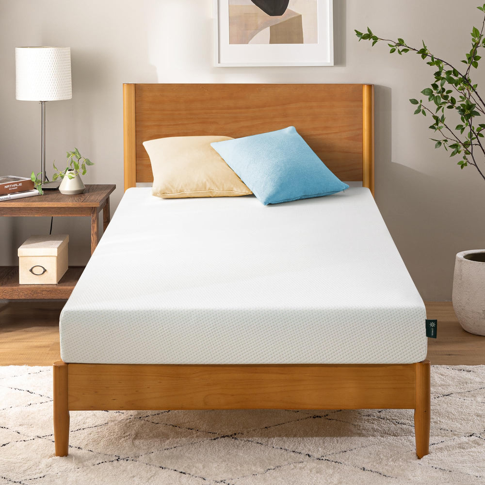 Zinus 5in twin green tea memory foam mattress box shows easy shipping and quick setup