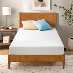 Zinus 5in twin green tea memory foam mattress box shows easy shipping and quick setup