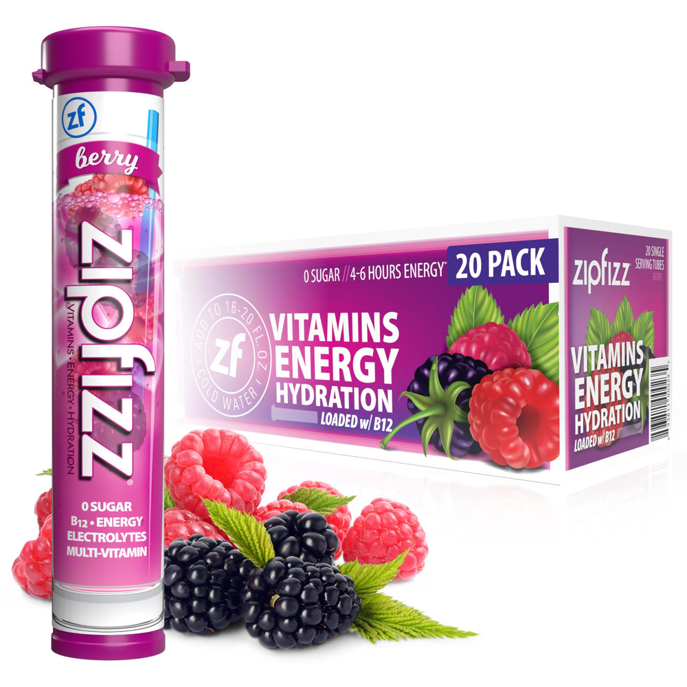 Zipfizz Berry energy powder tube ready to mix for a quick energy boost.